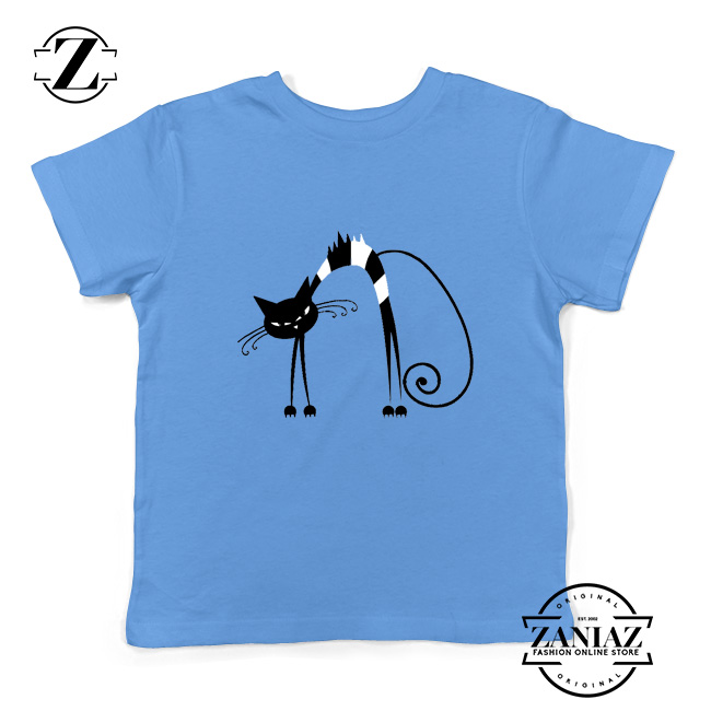 Black Line Cat Kids Tee Shirt Animal Lover Youth T Shirt Size S-XL Light Blue