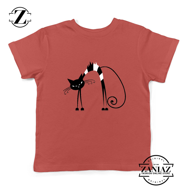 Black Line Cat Kids Tee Shirt Animal Lover Youth T Shirt Size S-XL Red