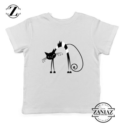 Black Line Cat Kids Tee Shirt Animal Lover Youth T Shirt Size S-XL White