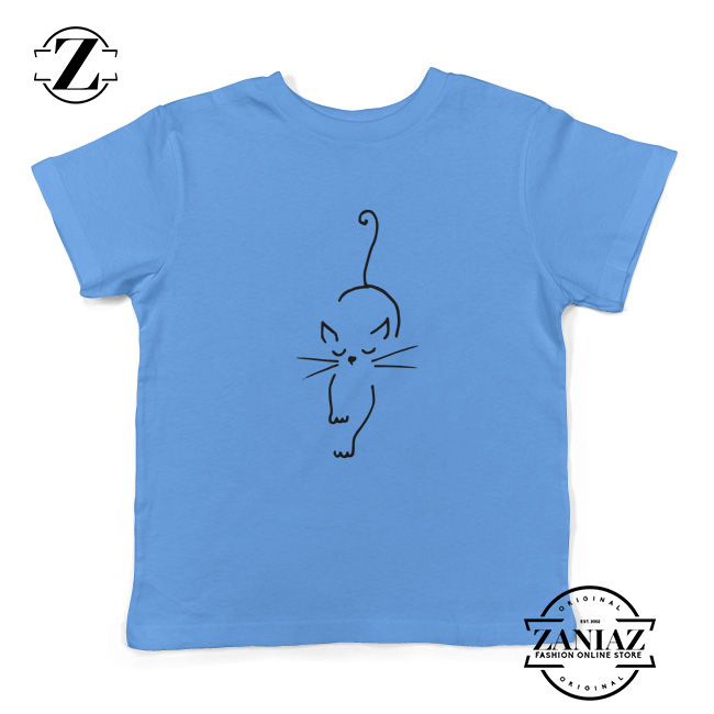 Black Line Cat Kids Tshirt Animal Lover Youth Tee Shirt Size S-XL Light Blue