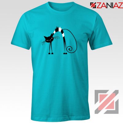 Black Line Cat T-Shirt Animal Lover Tee Shirt Size S-3XL Light Blue