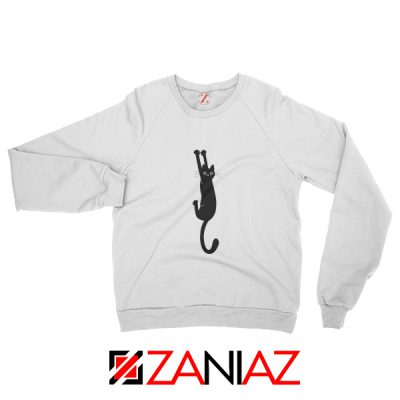 Cat Holding On Best Sweatshirt Funny Animal Sweatshirt Size S-2XL White