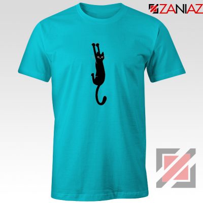 Cat Holding On Best Tshirt Funny Animal Tee Shirt Size S-3XL Light Blue