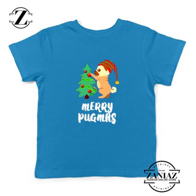 Merry Pugmas Gift Kids Shirt Christmas Youth Tshirt Size S-XL Blue