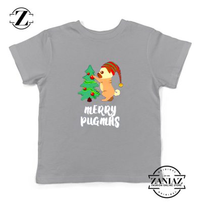 Merry Pugmas Gift Kids Shirt Christmas Youth Tshirt Size S-XL Grey