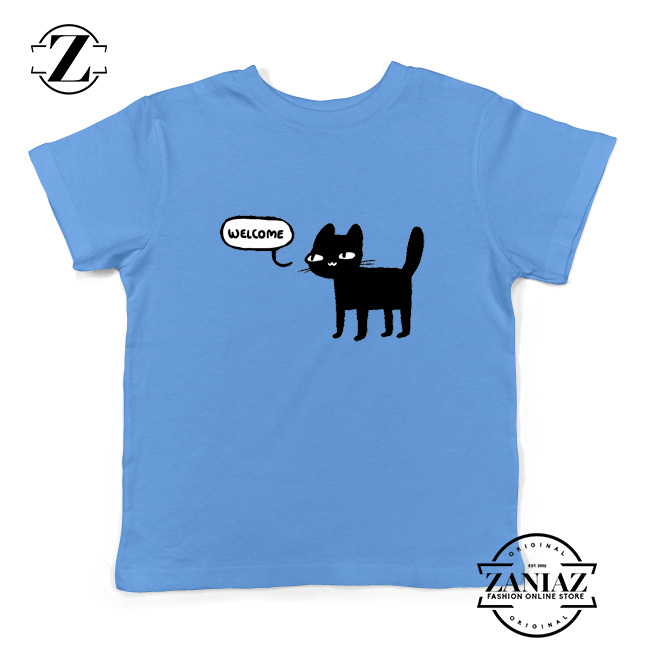 Wellcome Black Cat Kids Tshirt Cat Lover Youth Tee Shirt Size S-XL Light Blue