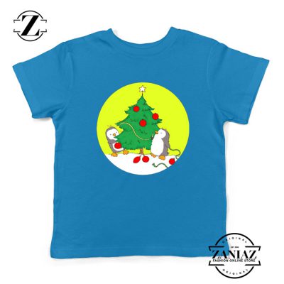 Penguins Decorating Youth Shirt Christmas Tree Kids Tshirt Size S-XL Blue