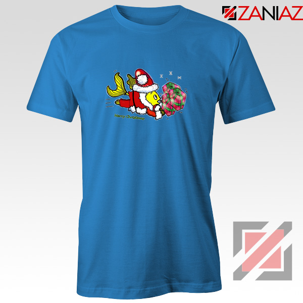 Santa Clause Fish Tee Shirt Funny Cute Christmas T-Shirt Size S-3XL Blue