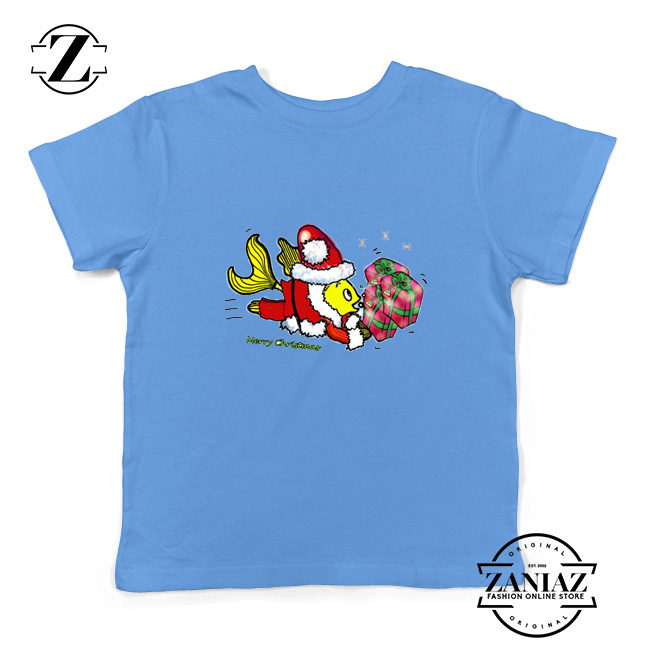 Santa Clause Fish Youth Shirt Cute Christmas Kids T-Shirt Size S-XL Light Blue