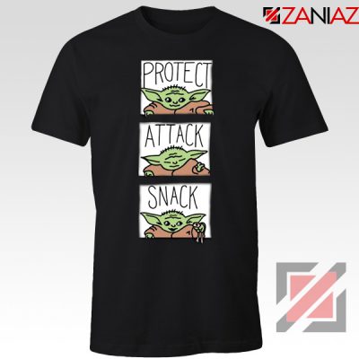 Protect Attack Snack Tshirt Baby Yoda Mandalorian Tee Shirts S-3XL Black