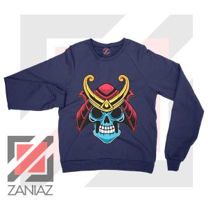 Japanese Samurai Skull Graphic Navy Blue Sweatshirt