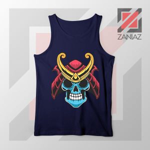 Japanese Samurai Skull Graphic Navy Blue Tank Top