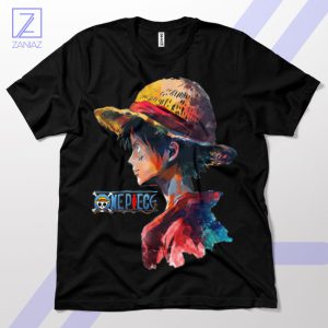 One Piece Saga Luffy with Straw Hat Black T-Shirt