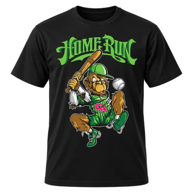 Home Run Baseball Monkey Mascot Cartoon T-Shirt