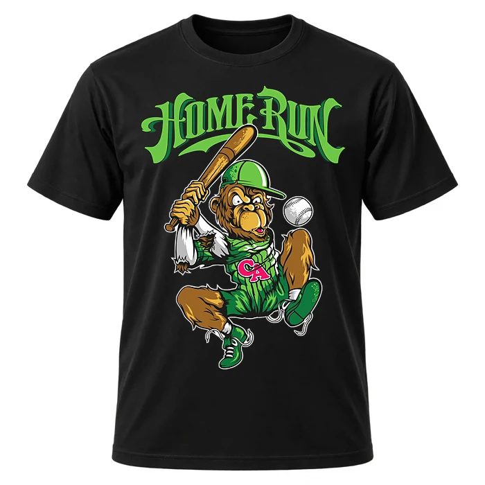 Home Run Baseball Monkey Mascot Cartoon T-Shirt