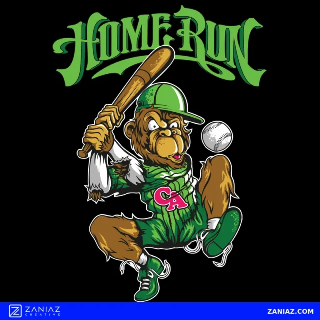 Home Run Baseball Monkey Mascot Cartoon T-Shirt